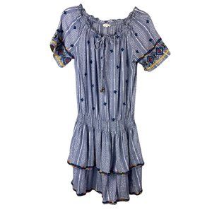 Easel Erin Blue Boho Dress Off The Shoulder Peasant Embroidered SZ Small